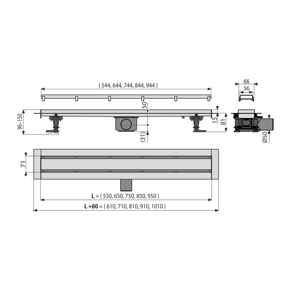 Rigolă/Canal de duș APZ13-DOUBLE9 cu grătar reversibil, oțel inoxidabil, 55 cm