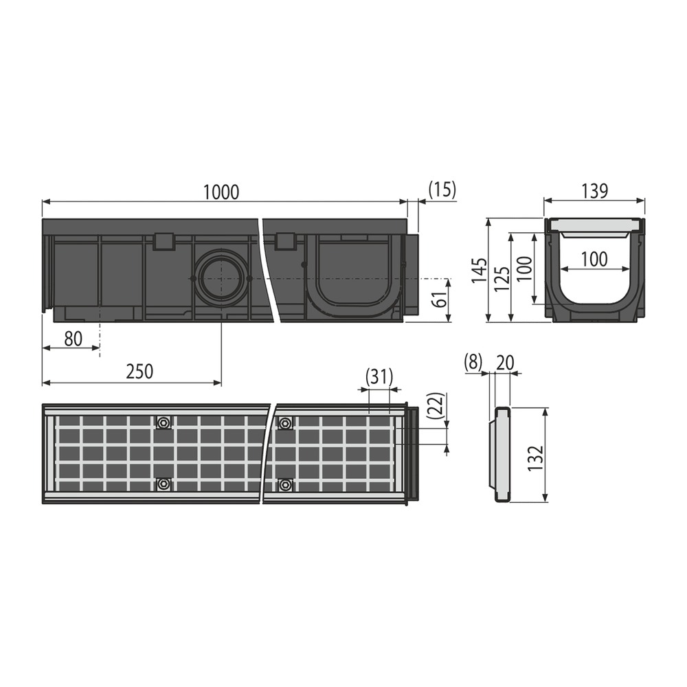 Rigolă de exterior de 100 mm cu rama din plastic și grătar galvanizat, clasa B125