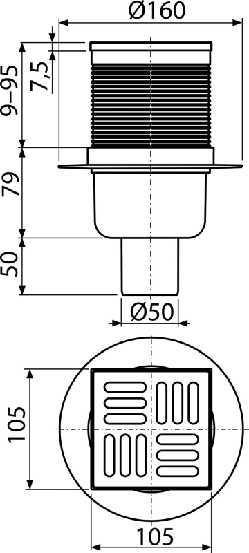 Sifon pardoseală 105×105/50 mm ieşire verticală APV2 grătar din oţel inoxidabil, sistem de reţinere a mirosurilor umed