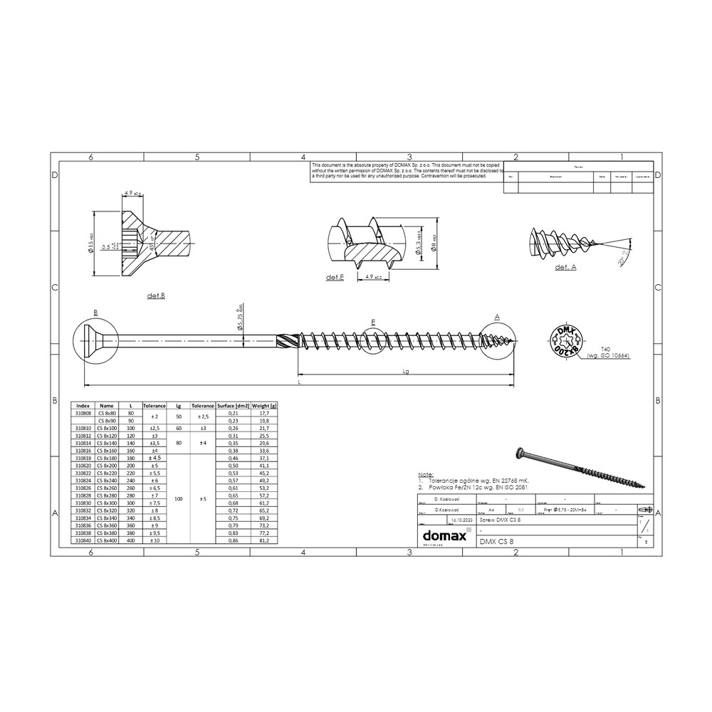Holșurub de construcții cu cap înecat TX, 6x200 mm, 100 buc