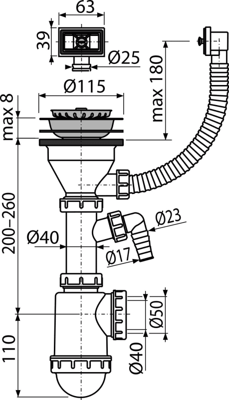 Sifon chiuvetă A447P-DN50/40 cu sită din oţel inoxidabil DN115, preaplin flexibil şi legătură maşina de spălat