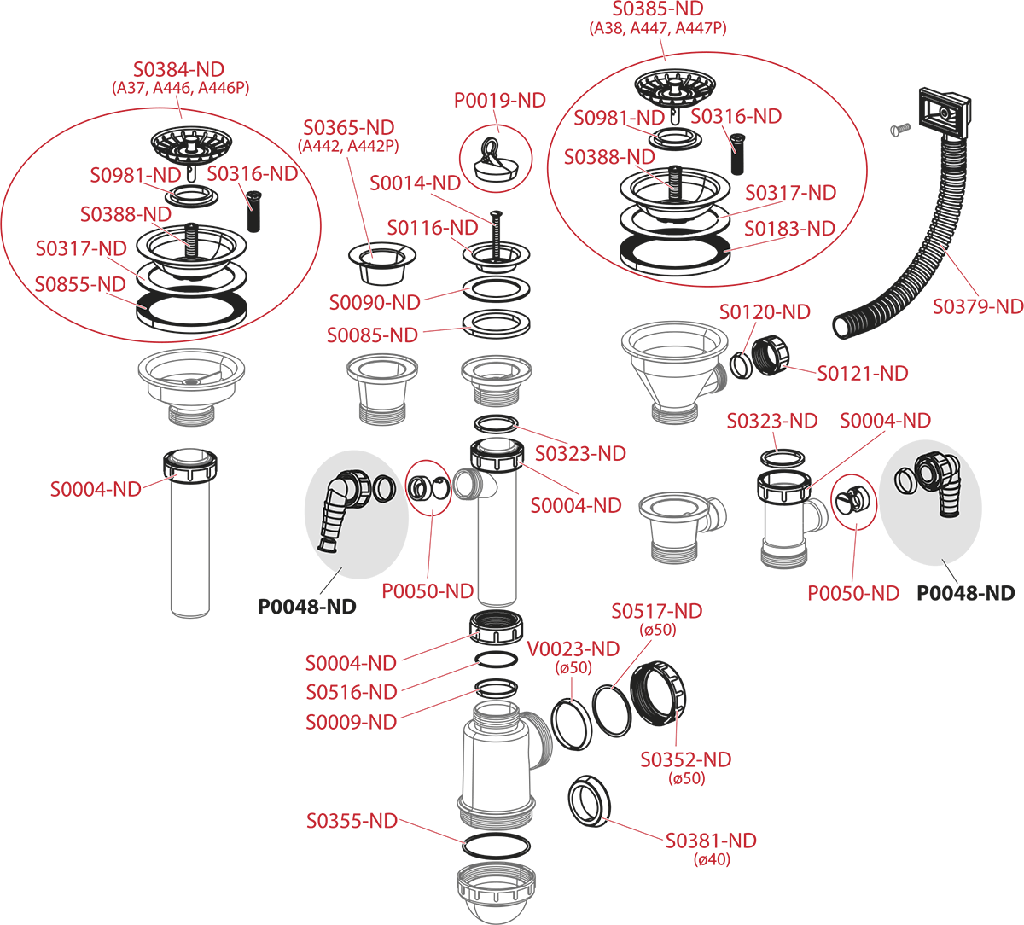 Sifon chiuvetă A447P-DN50/40 cu sită din oţel inoxidabil DN115, preaplin flexibil şi legătură maşina de spălat