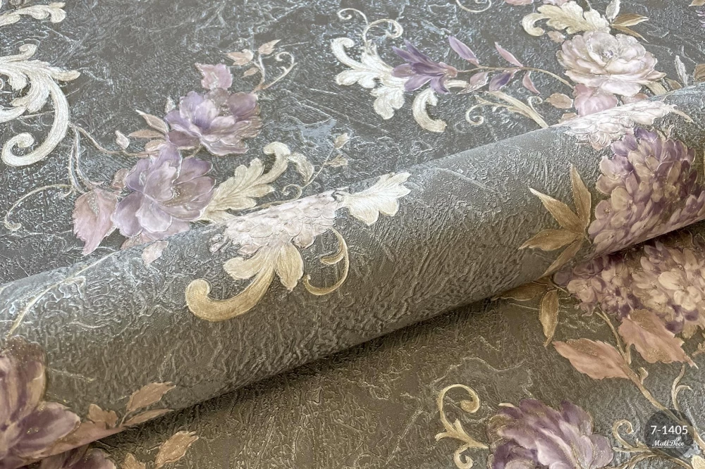 Tapet vinil pentru living, stil floral, gri, model Agava, dimensiune 1.06m x 10,05m