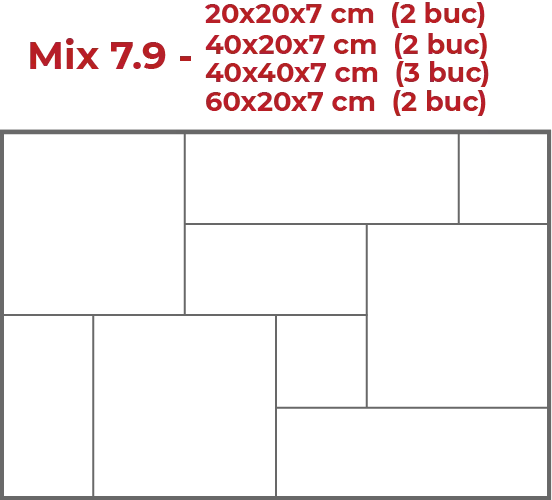 Pavaj QUATRO MISTIC, cu cant gri bazaltic MIX 7.9 (20x20x7-2buc, 40x20x5-2buc, 40x40x7-2buc, 60x20x7-2buc)