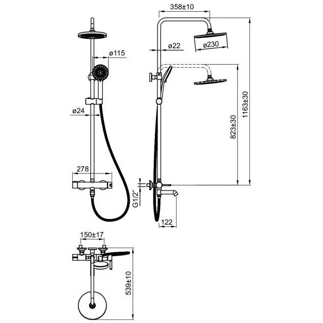 Coloană de duș cu baterie Fayans Phoenix-N, duș fix Ø23 cm, pară duș 3 funcții, crom