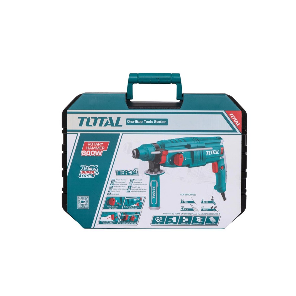 TOTAL Ciocan Rotopercutor 800W, 2.5J, SDS+, 3 burghie + dalta, cutie transport