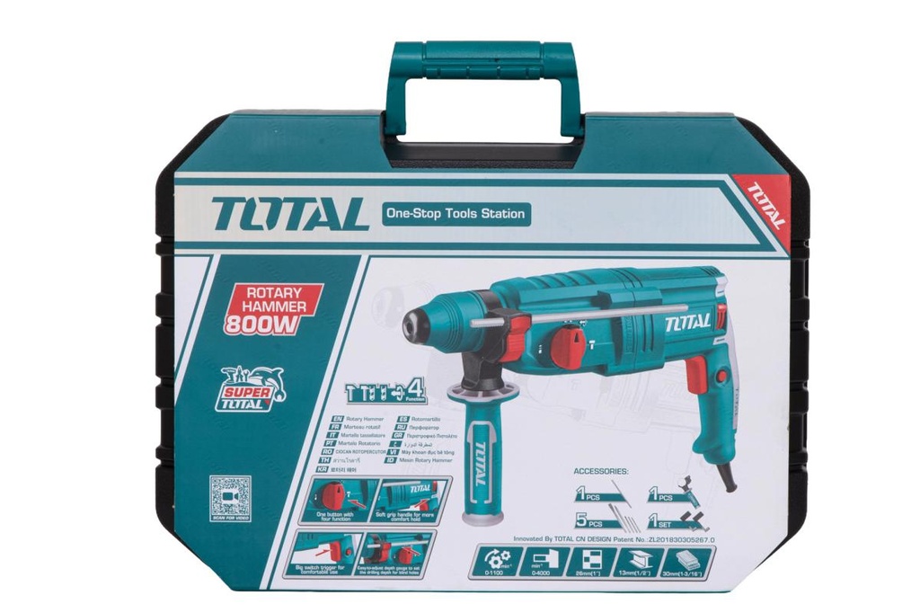 TOTAL Ciocan Rotopercutor 800W, 2.5J, SDS+, 3 burghie + dalta, cutie transport