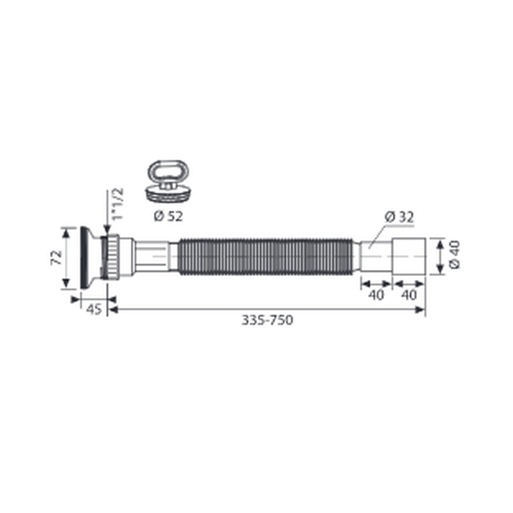 Racord flexibil-extensibil cu ieșire Ø32-40 și ventil cu grătar din inox 1”1/2 cu dop cu mâner