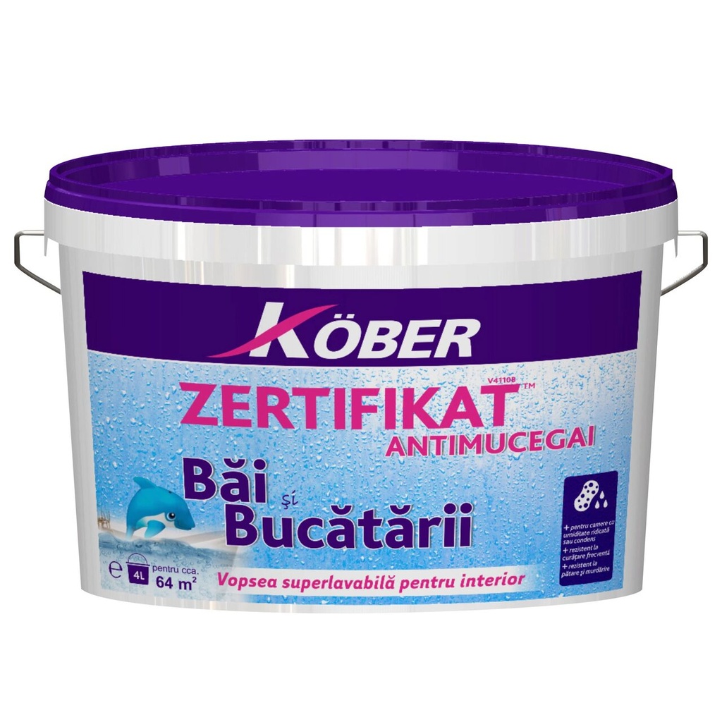 Vopsea lavabilă Zertifikat Plus antimucegai pentru interior bucătărie și baie albă, 4 l
