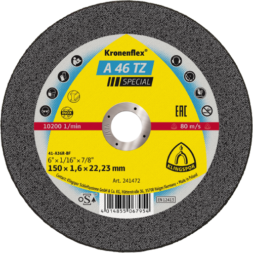 Disc de tăiere KLINGSPOR A 46 TZ Special plat 241472 pentru inox, oțel, 150x1.6 mm