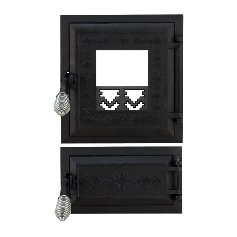 Ușă pentru sobă cu geam și cenușar din fontă decor motive romanesti, înalțime 275+140 x 255 mm lățime