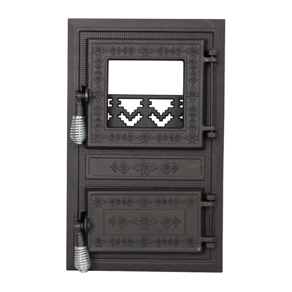 Ușă pentru sobă monobloc din fontă cu geam și cenușar decor motive românești, 475x295 mm