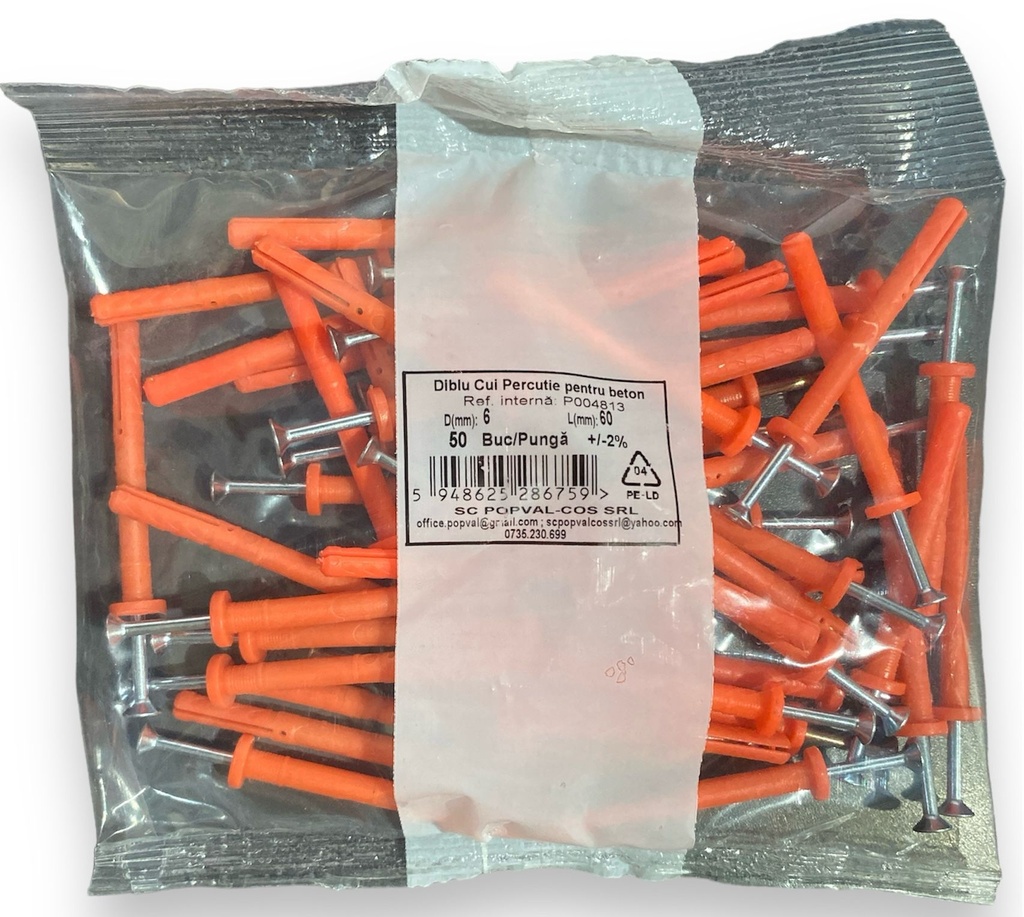 Dibluri cu surub cui percutie pentru beton/BCA, Ø 6x60 mm, set 50 buc