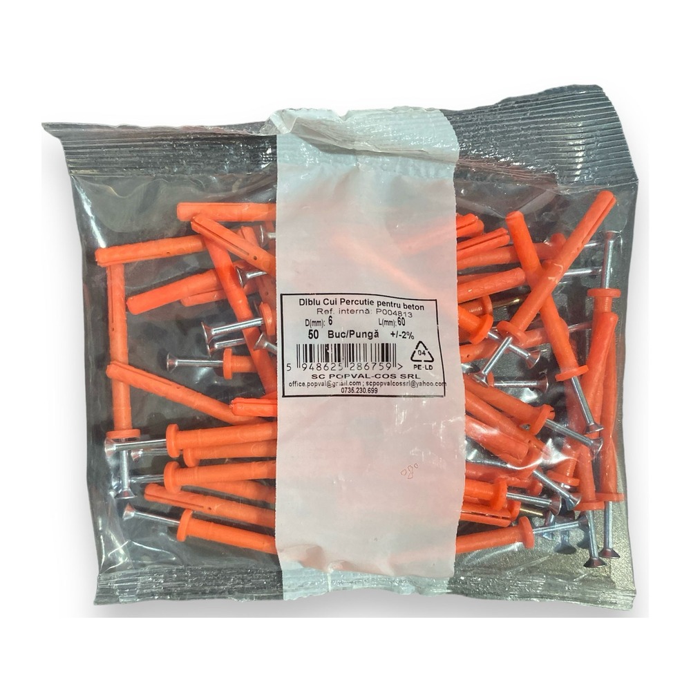 Dibluri cu surub cui percutie pentru beton/BCA, Ø 6x60 mm, set 50 buc