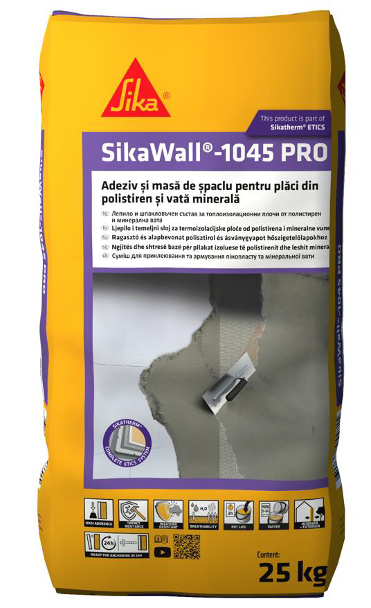 SikaWall®-1045 Pro - Adeziv și Șpaclu pentru Plăci Termoizolante din Polistiren și Vată Minerală, 25 kg