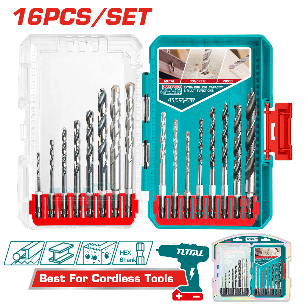 Set burghie lemn, metal și beton, Ø 2-10 mm, 16 piese