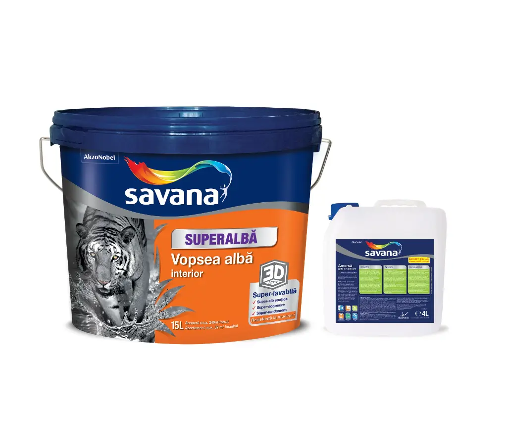 Vopsea Savana superalbă superlavabilă pentru interior, 3D ACTIV cu rezistentă la mucegai, 15 l +amorsa 4 l