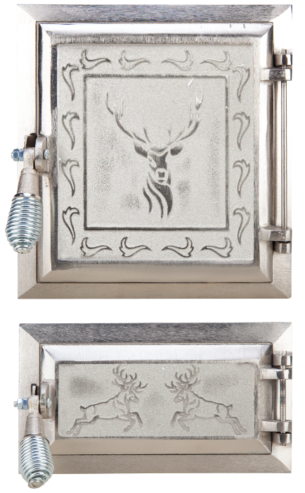 Ușă pentru sobă și cenușar nichelată decor cerbi, înalțime 275+140 x 255 mm lățime