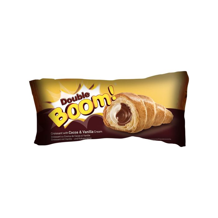 BOOM Double Boom, croissant, cu crema de cacao si crema cu aroma de vanilie, 50 g