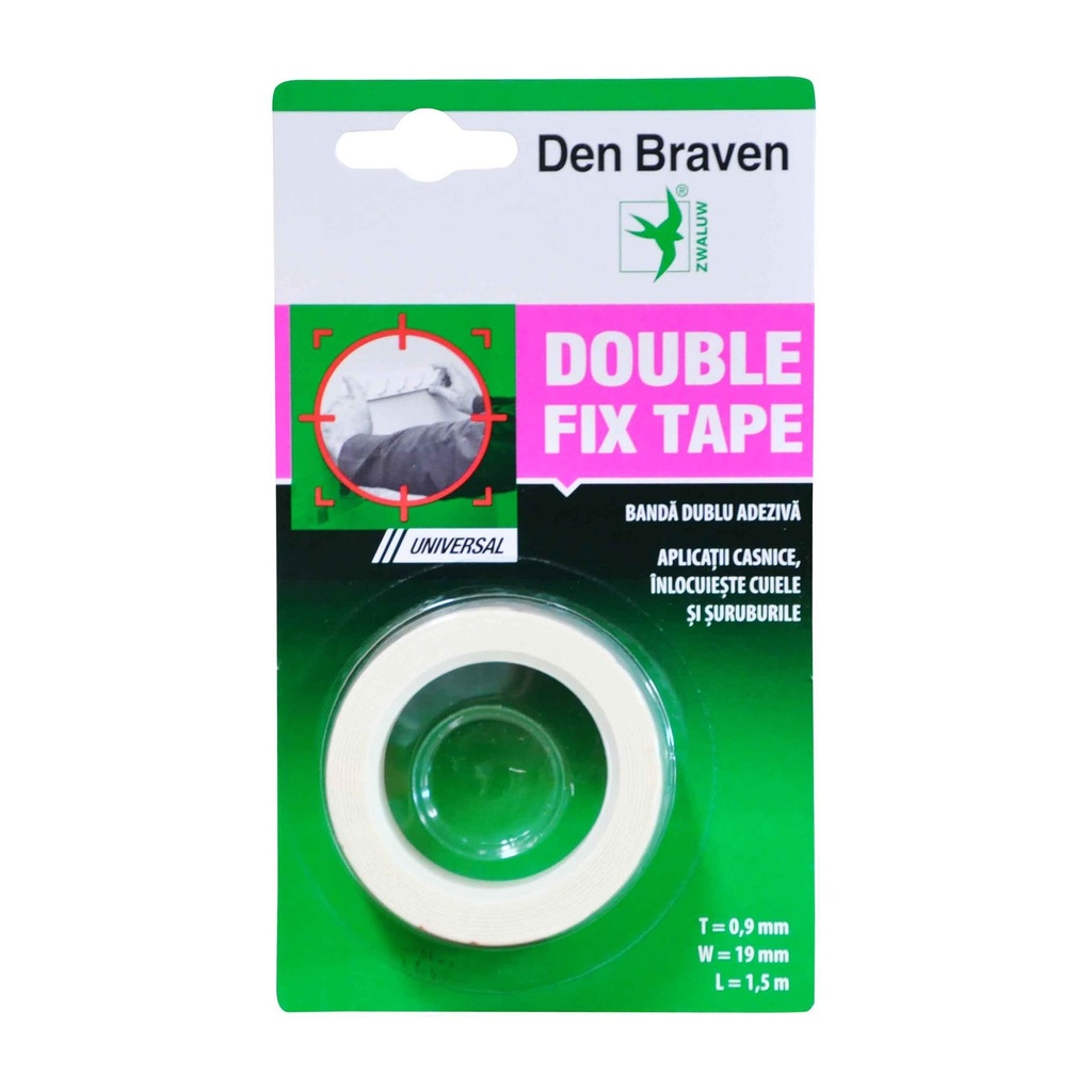 Bandă dublu adeziva Den Braven universala alb, 19 mm x 1.5 ml
