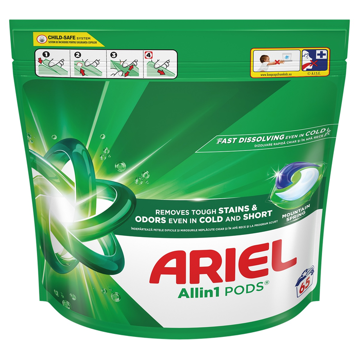 ARIEL All in One Pods Mountain Spring, detergent automat de rufe, capsule, 65 buc