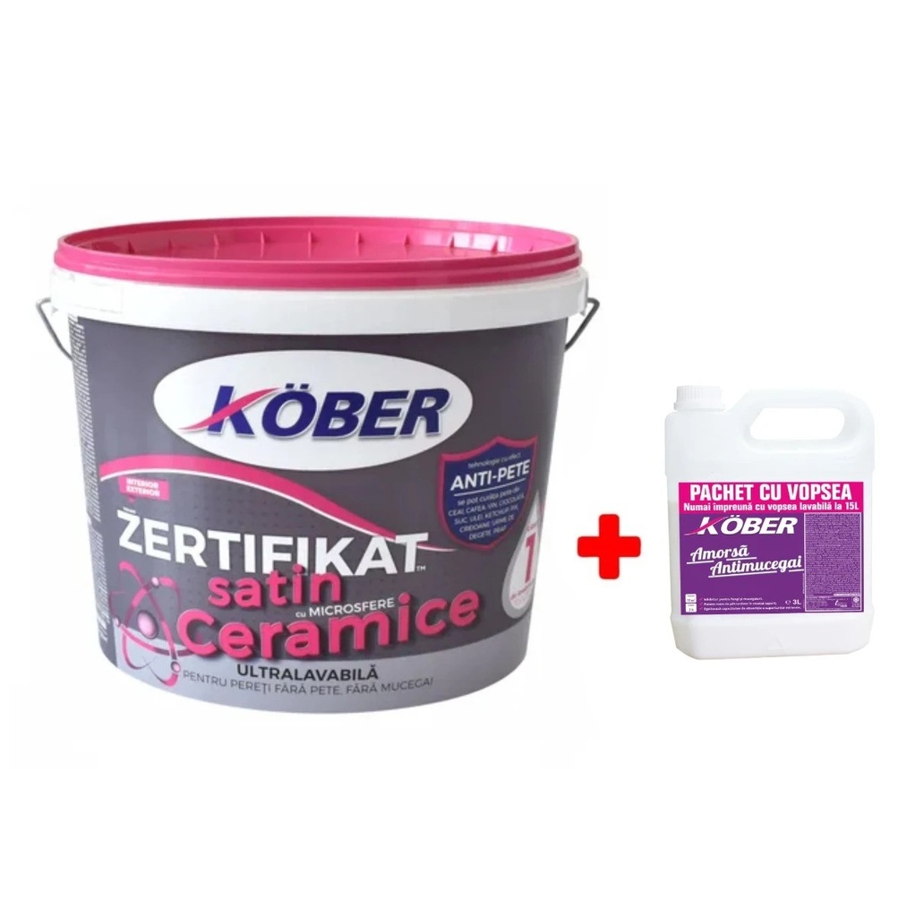 Vopsea ultralavabilă satin albă Zertifikat cu microsfere ceramice, interior/exterior, 15 l +1 vestă cadou + amorsă 3 l gratis