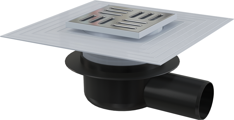Sifon pardoseală 105×105/110 mm ieşire laterală, grătar din inox, izolaţie suplimentară, reţinere a mirosurilor uscat