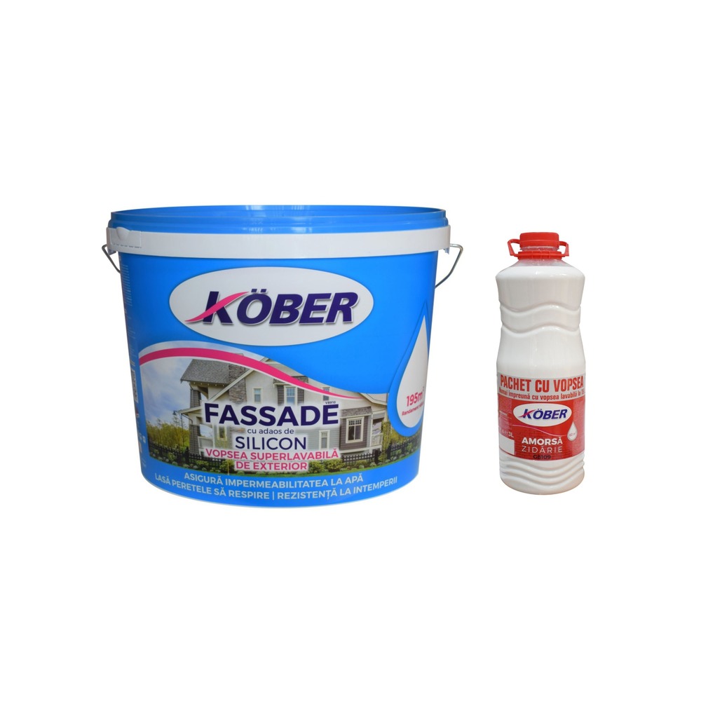 [P005038] Vopsea lavabilă de exterior Kober Fassade albă mat cu silicon, 15 l + amorsă 3 l gratis