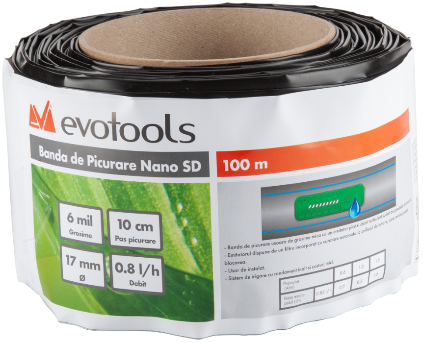 Banda de irigare NANO SD prin picurare, 0.8 l/h, distanța de 10 cm, D 17 mm, 100 ml