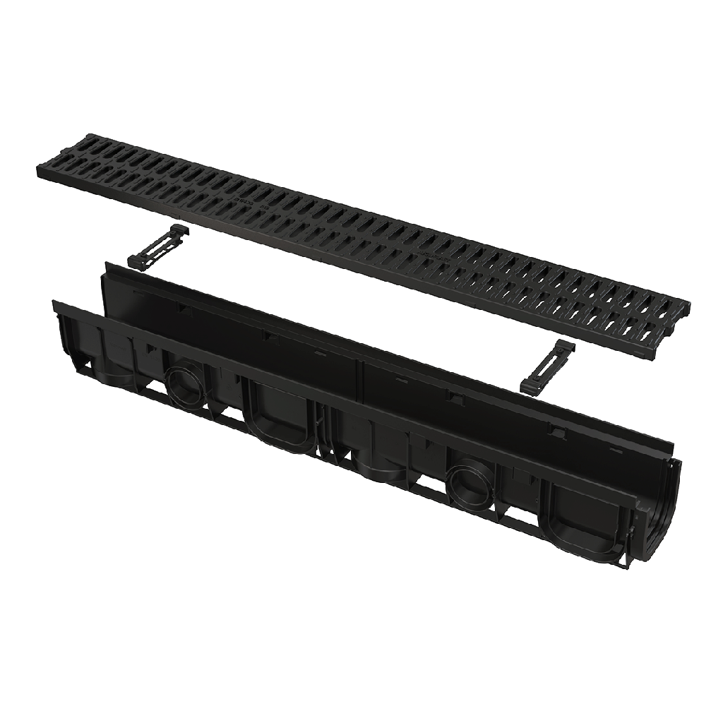 Rigolă de exterior 100 mm AVZ102-R501 cu ramă din plastic și grătar din plastic, clasa A15