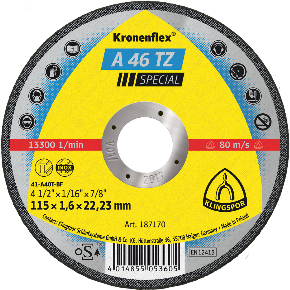 Disc de tăiere KLINGSPOR A 46 TZ Special plat 187170 pentru inox, oțel, 115x1.6 mm