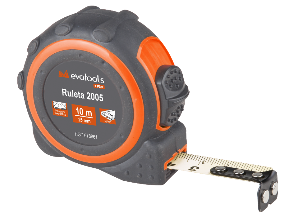 Ruletă Evotools cu frănă, protecţie şi magnet, 16 mm x3 ml