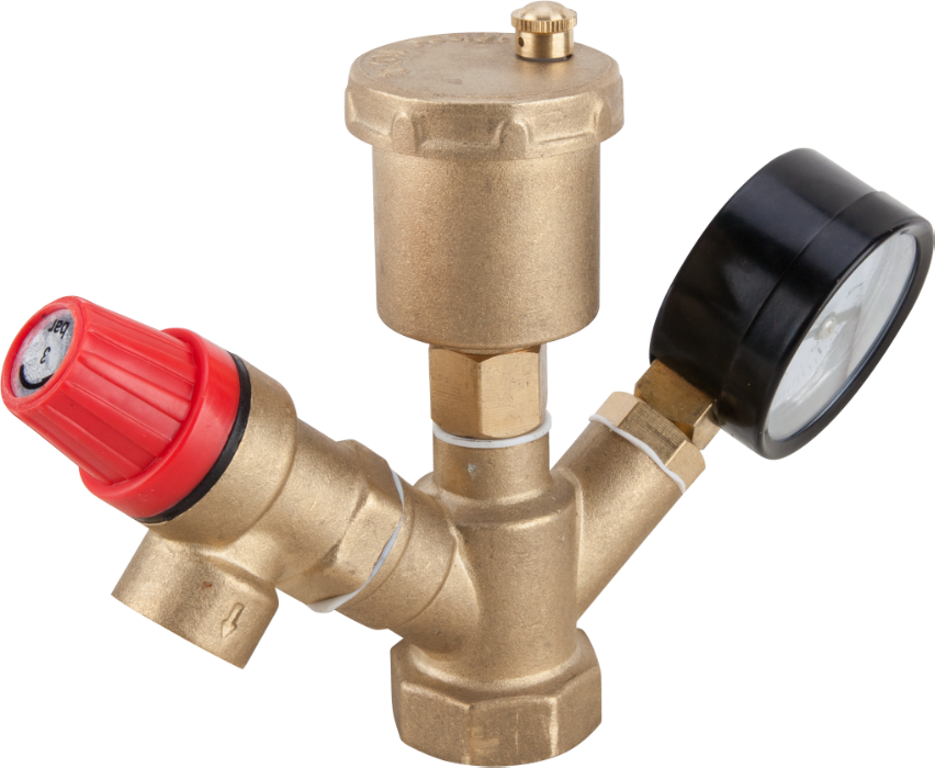 Grup cu supapă de siguranță pentru cazan, aerisitor și manometru fi 1" 3 bar