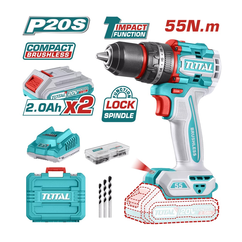 Mașină de găurit și înșurubat TOTAL 20 V incl. cutie + 2 acumulatori Li-Ion 2.0Ah + 1 incarcator