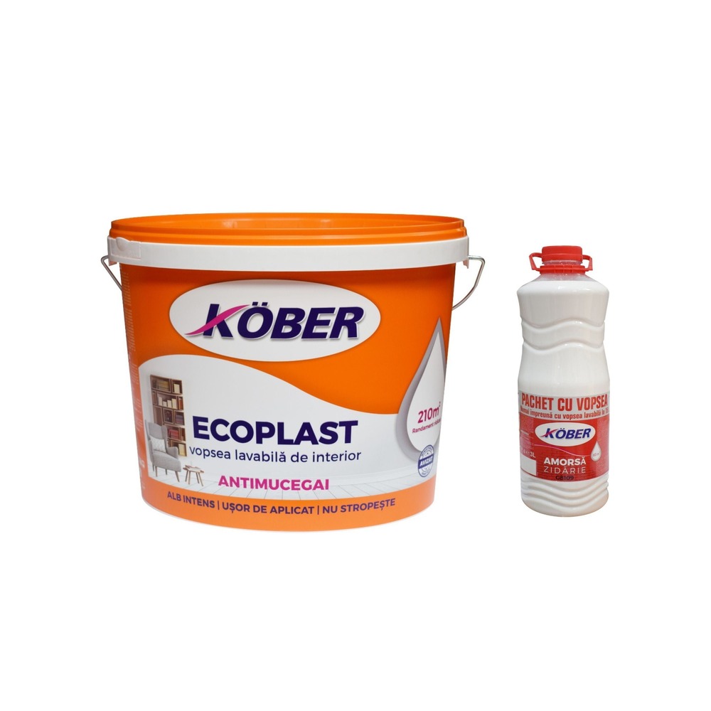 Vopsea lavabilă Kober Ecoplast albă intens-mat pentru interior antimucegai, 15 l + gratuit amorsă 3 l 