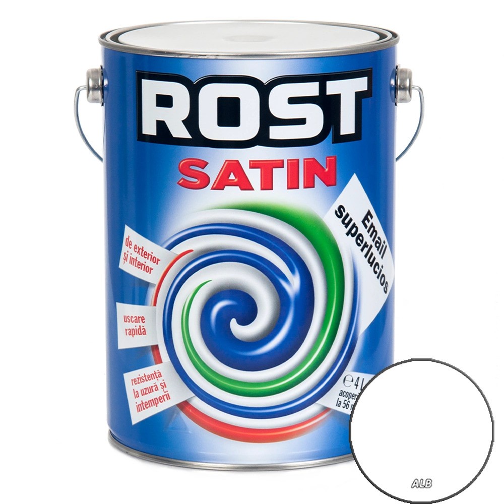 Vopsea alchidică superlucioasă pentru lemn si metal ROST SATIN interior/exterior alb, 4 l