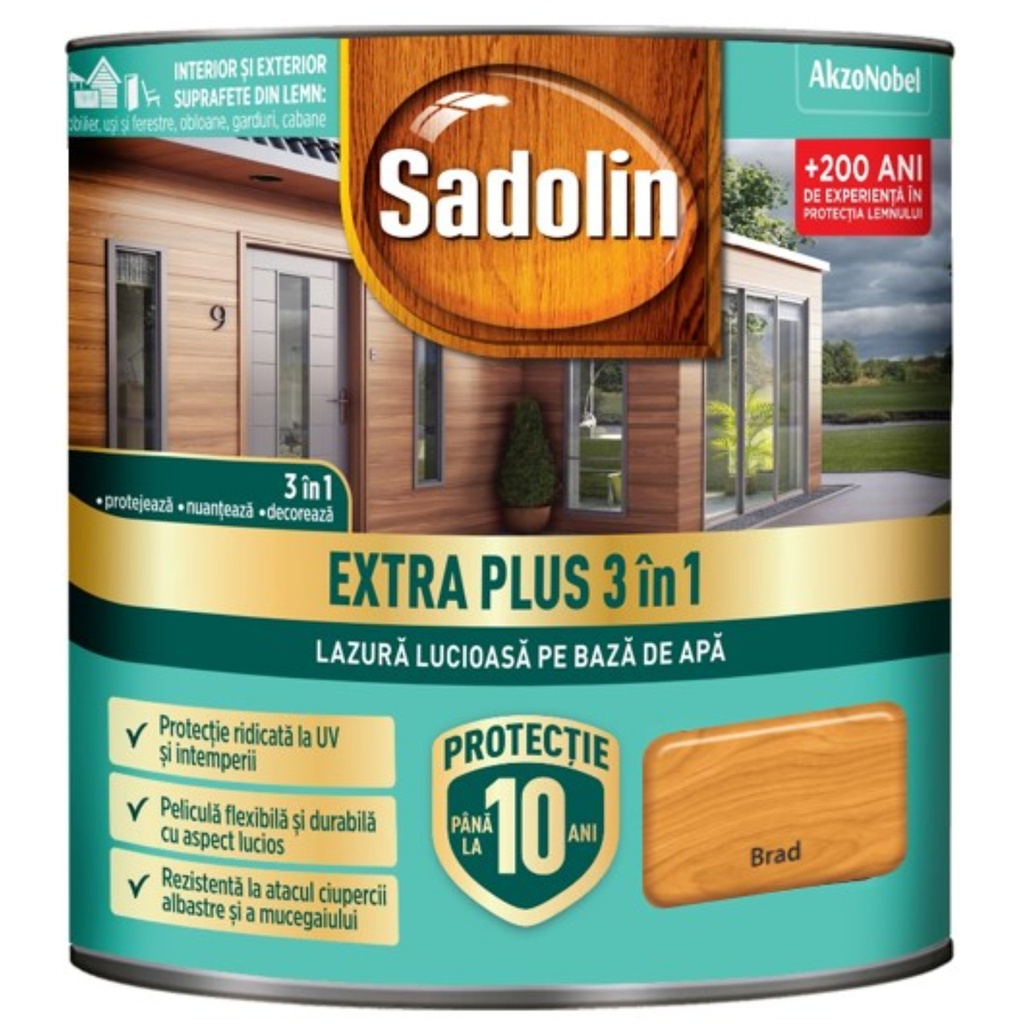 Lazura lucioasa, Sadolin EXTRA PLUS 3in1, pentru lemn pe baza de de apa: brad 0.75 L