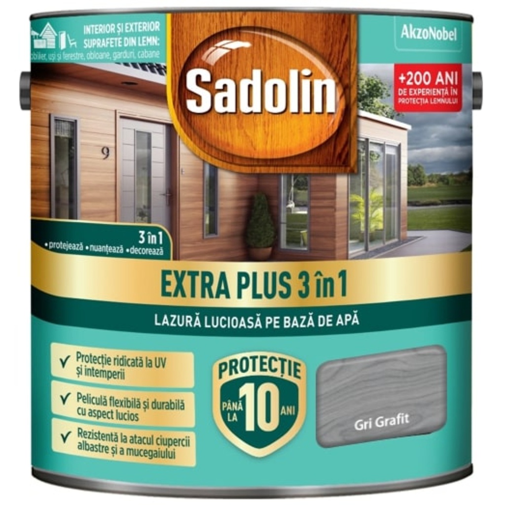 Sadolin EXTRA PLUS 3în1-lazura lucioasă pentru lemn pe bază de de apă, gri grafit 2.5 l