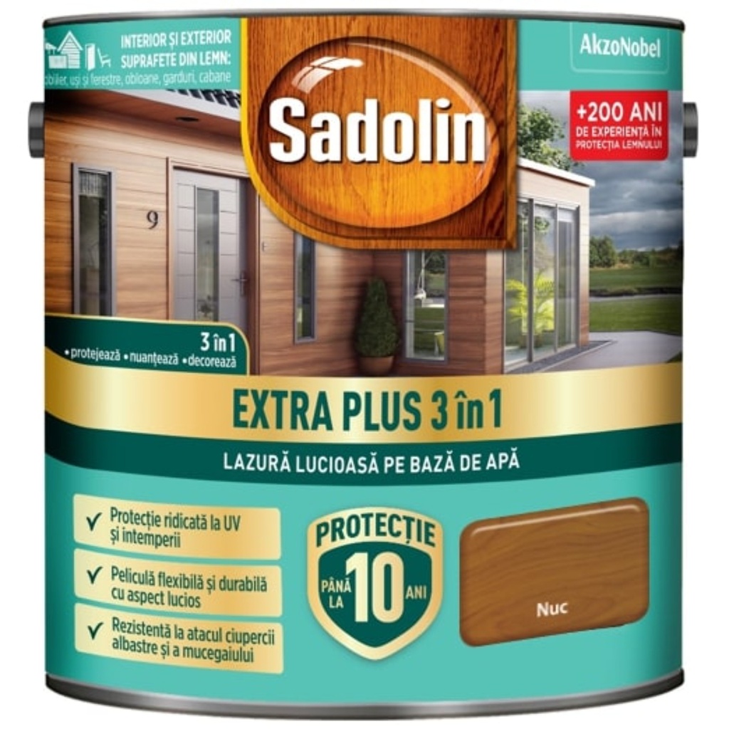 Sadolin EXTRA PLUS 3în1 - lazura lucioasă pentru lemn pe bază de de apă, nuc 2.5 l
