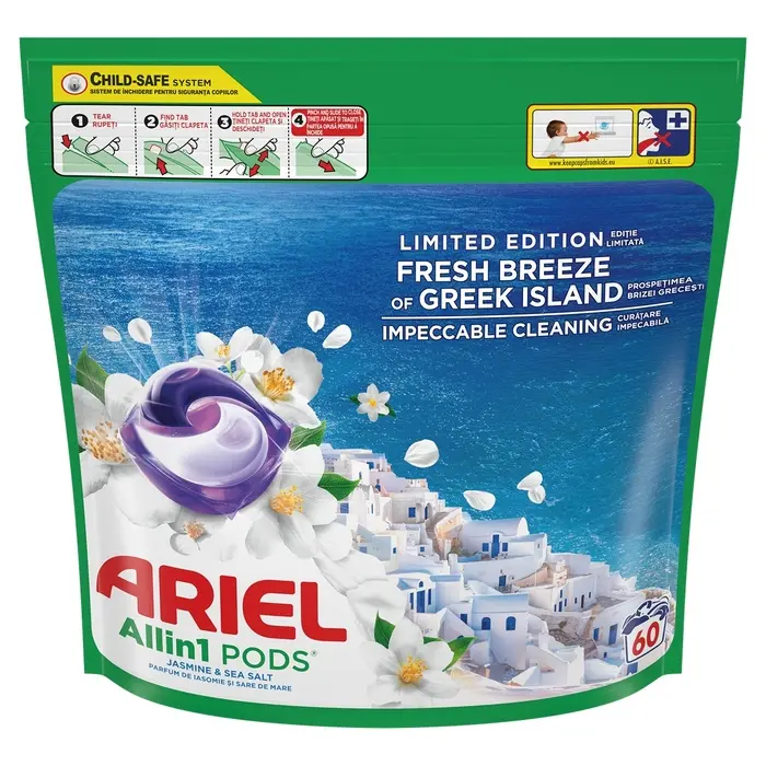 Detergent automat de rufe ARIEL All in One Fresh Breeze Of Greek Island, capsule, 60 spalari