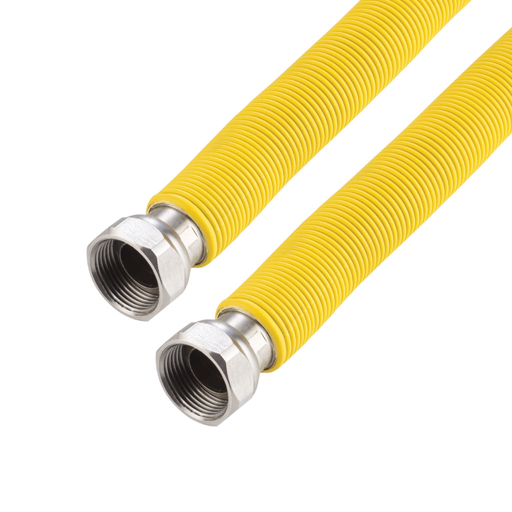 Racord pt. gaz din inox cu protecție galbenă, 1/2” fi-fi, flexibil-extensibil, 20-40 cm