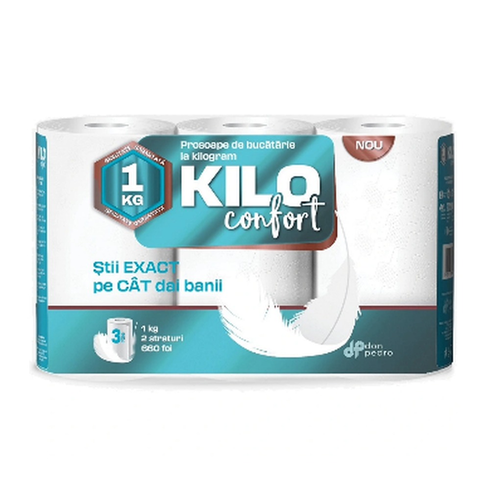 Prosoape bucătărie Kilo, hârtie alba, 2 straturi, 3 role/set