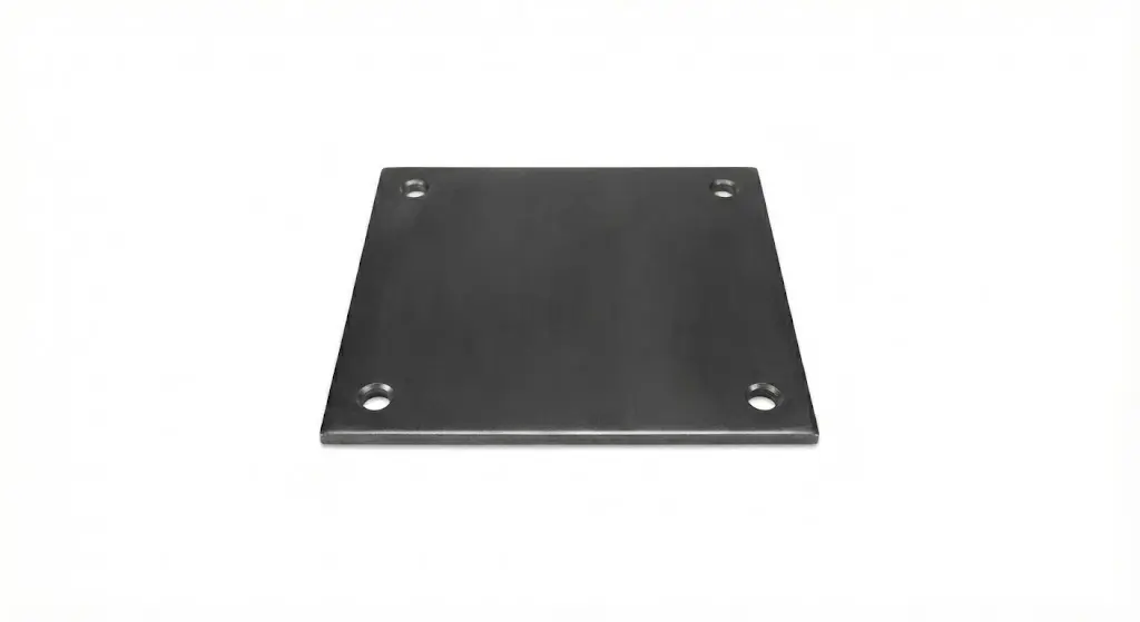 Placă de prindere din oțel 100×100×5 mm, cu 4 găuri Ø12 mm pentru stâlp metalic