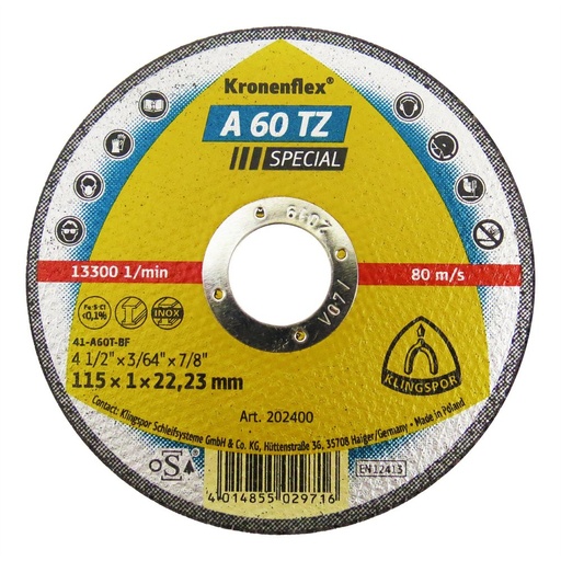 [P005884] Disc de tăiere KLINGSPOR A 60 TZ Special plat 202400 pentru inox, oțel, 115x1mm