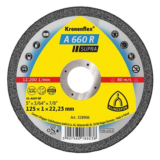 [P004726] Disc de debitare Kronenflex® A 660 R Supra pentru otel inoxidabil, 125x22.23x1 mm