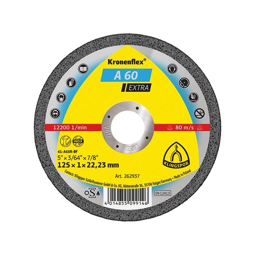 [P006303] Disc de tăiere KLINGSPOR A 60 Extra plat 262937 universal pentru inox, metal, 125x1 mm