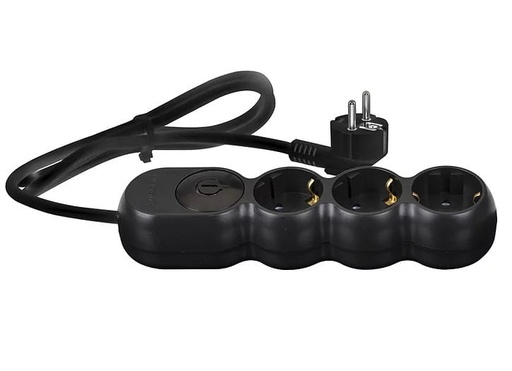 [P008223] Prelungitor electric negru 3680W, 3x1.5 mm² cu 3 prize + întrerupător, 3 ml