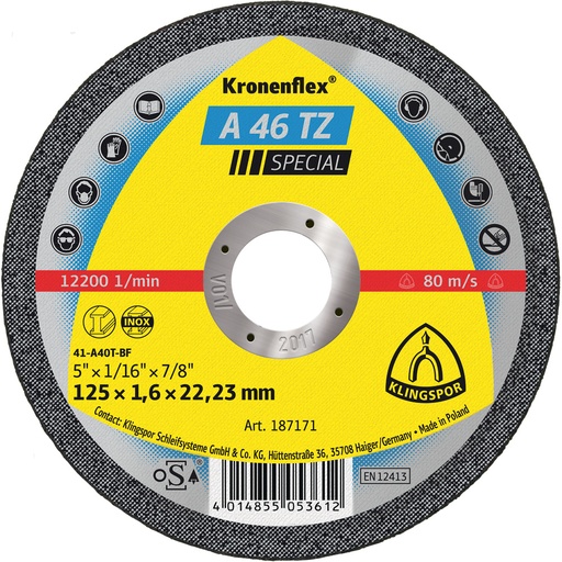 [P004724] Disc de tăiere KLINGSPOR A 46 TZ Special plat 187171 pentru inox, oțel, 125x1.6mm