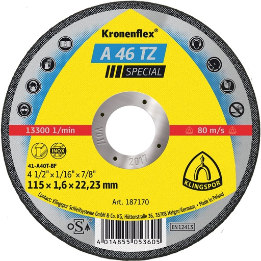 [P005172] Disc de tăiere KLINGSPOR A 46 TZ Special plat 187170 pentru inox, oțel, 115x1.6 mm