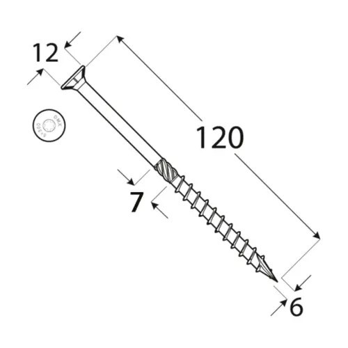 Surub pentru lemn cap inecat TX 6 x 120 zn Argintiu 